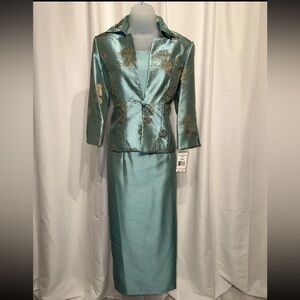 Jessica Howard Teal Maxi Sheathe 2 Piece Dress & Print Jacket Sz 6P